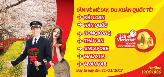 Vietjet Air khuyến mãi vé 0đ du xuân 2017